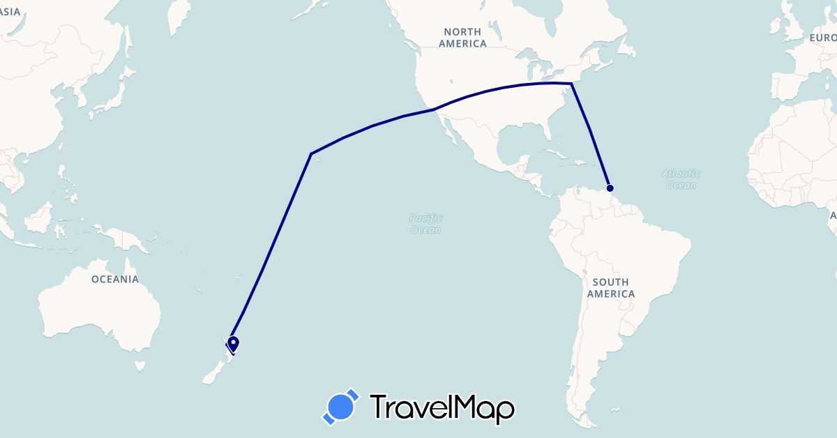 TravelMap itinerary: driving in New Zealand, Trinidad and Tobago, United States (North America, Oceania)